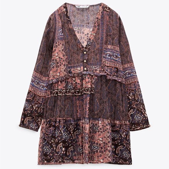 ZARA BOHO PATCHWORK PRINT MINI DRESS - Picture 9 of 12